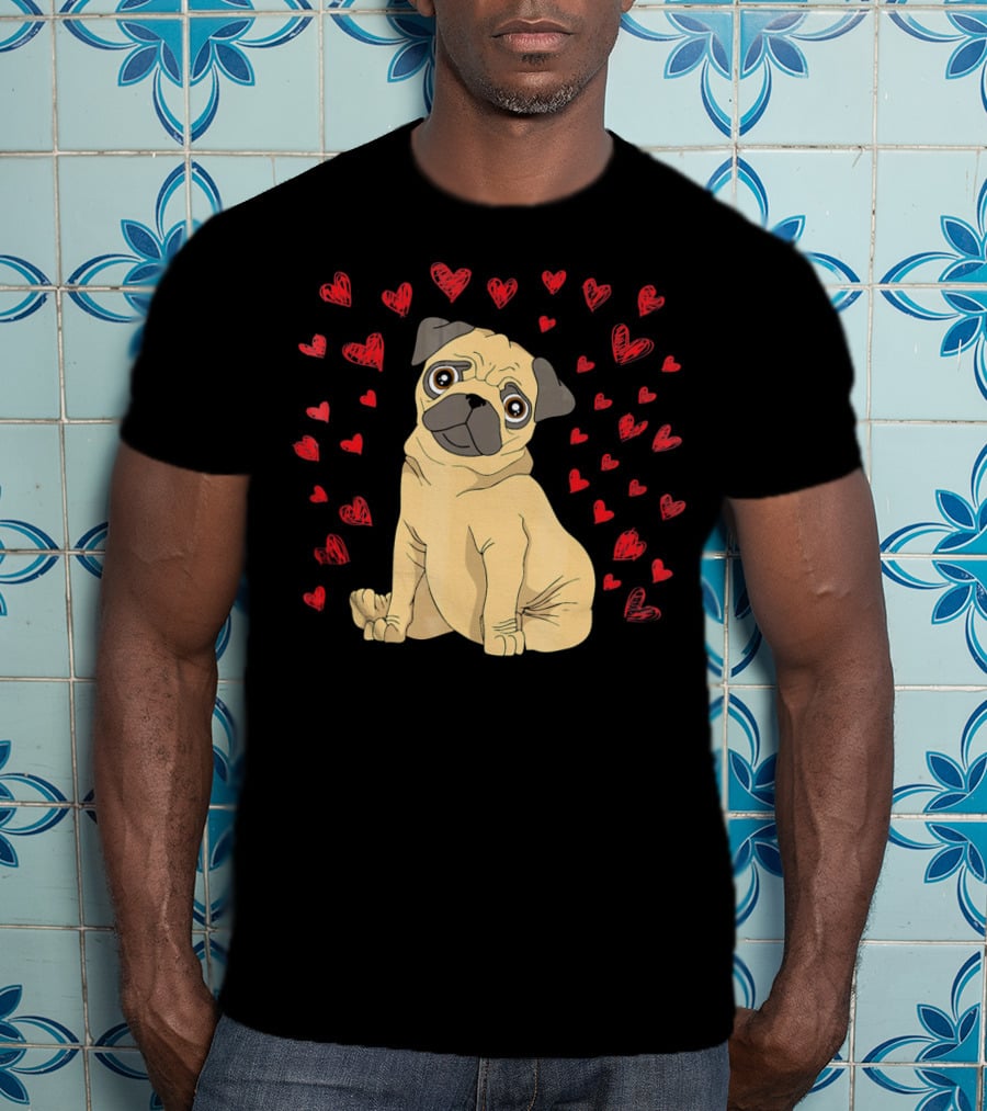 Pug Dog Lover Puppy Surrounded By Red Hearts T-Shirt