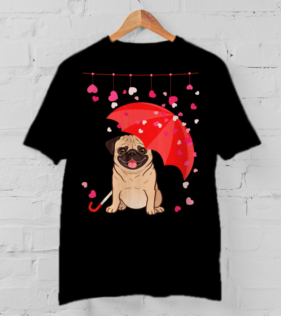 Pug With Umbrella And Falling Hearts Valentine's Day T-Shirt