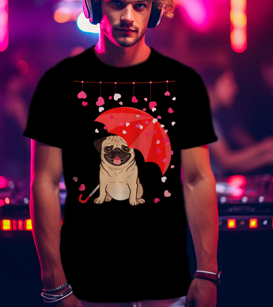 Pug With Umbrella And Falling Hearts Valentine's Day T-Shirt
