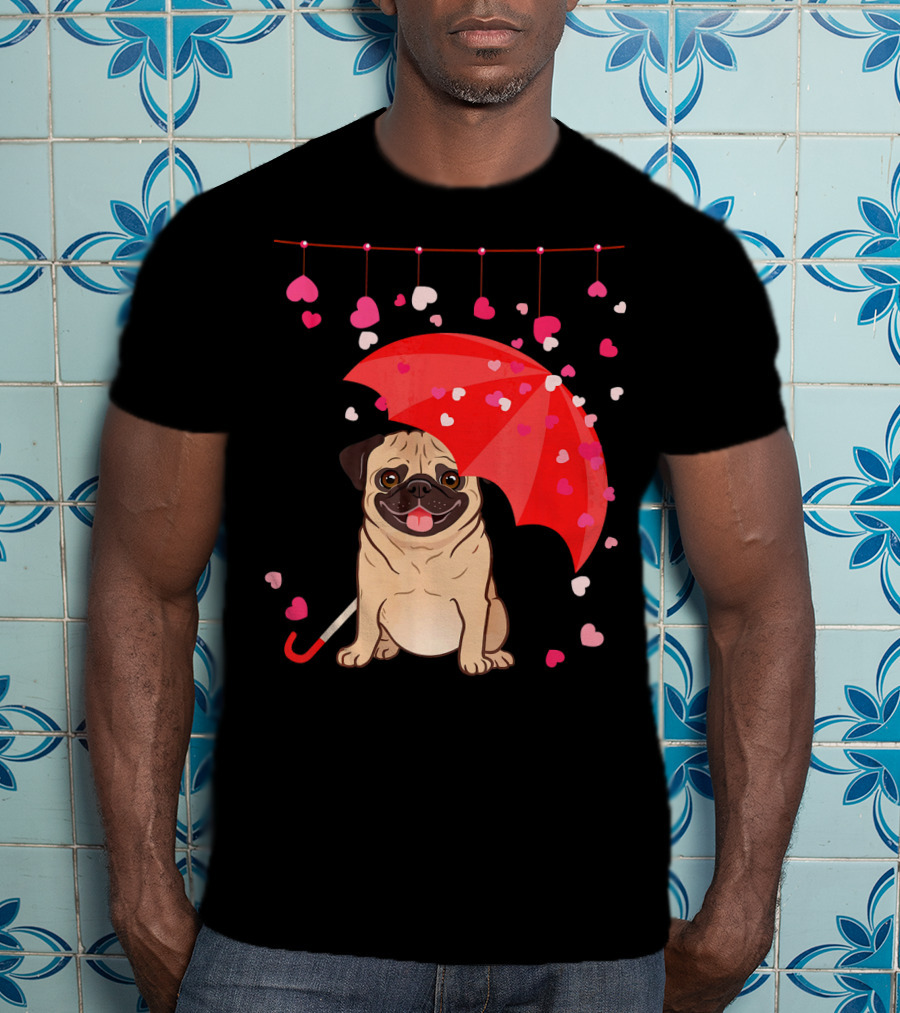 Pug With Umbrella And Falling Hearts Valentine's Day T-Shirt