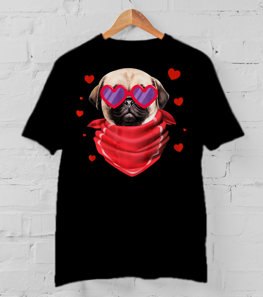Pug Valentines Day Heart-Shaped Glasses And Bandana With Hearts T-Shirt