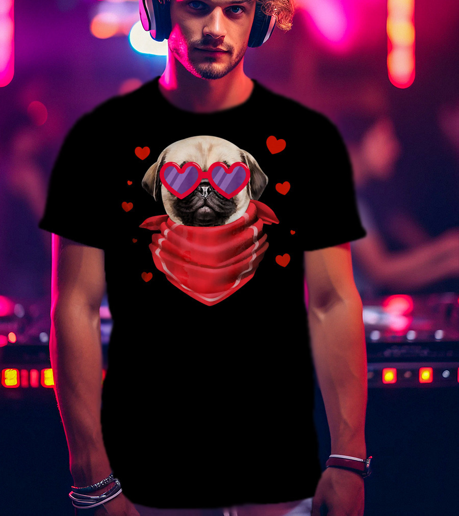 Pug Valentines Day Heart-Shaped Glasses And Bandana With Hearts T-Shirt