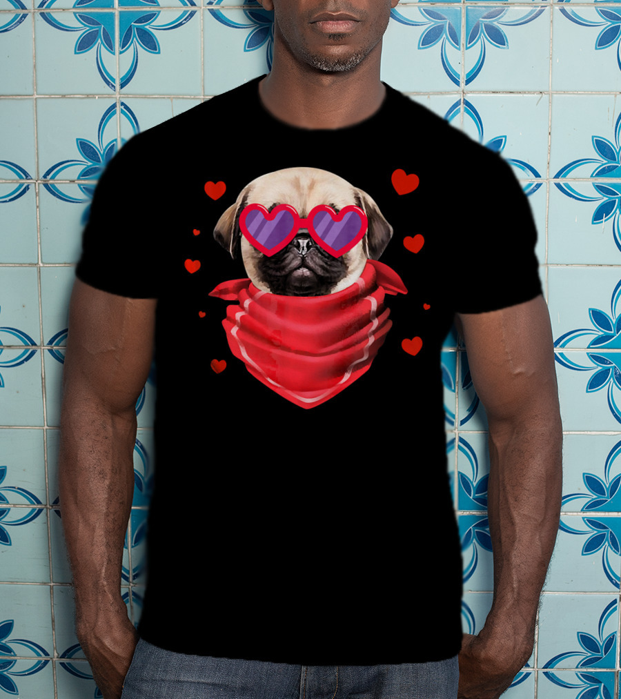 Pug Valentines Day Heart-Shaped Glasses And Bandana With Hearts T-Shirt