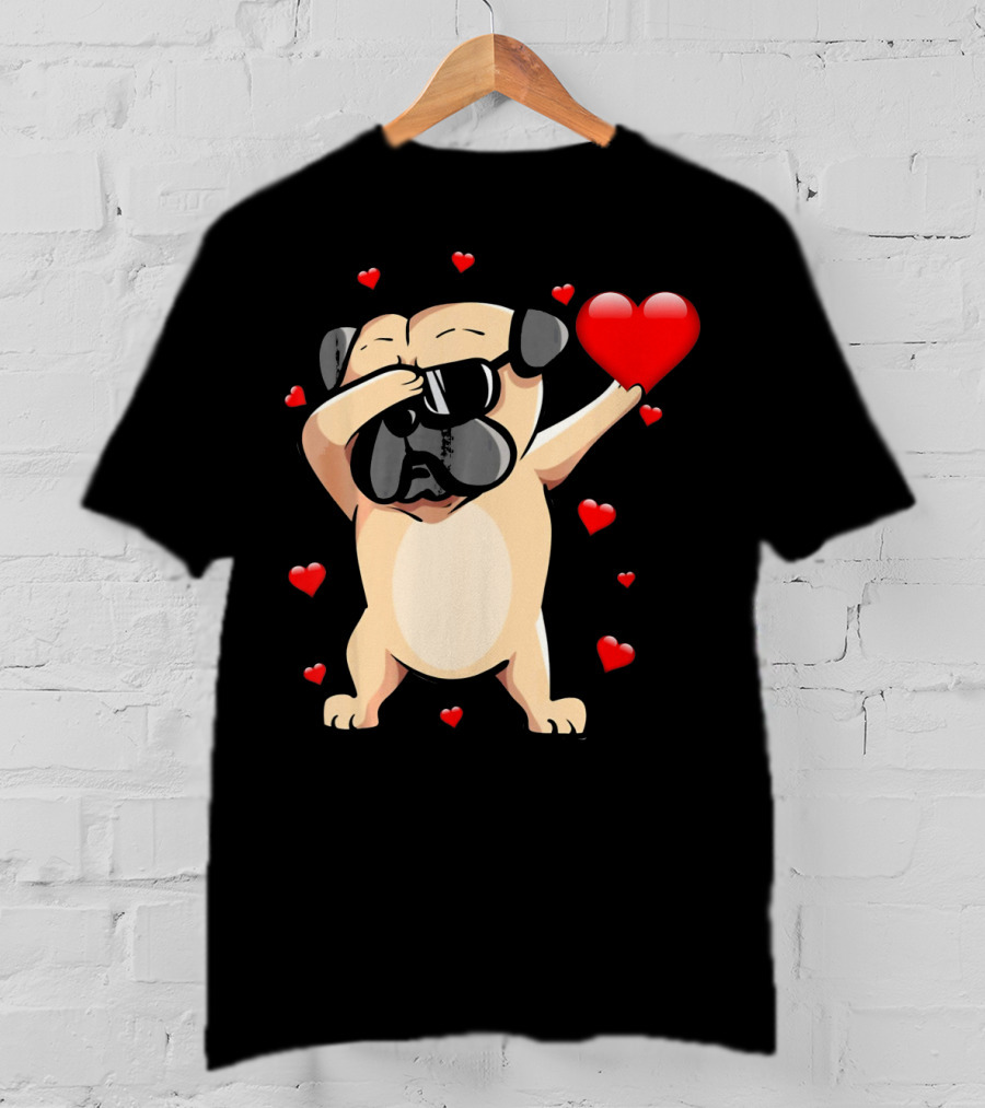 Pug Valentines Day Dabbing Love Dog With Hearts T-Shirt