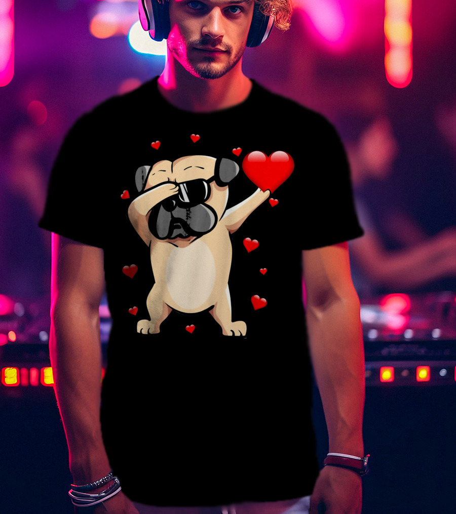 Pug Valentines Day Dabbing Love Dog With Hearts T-Shirt