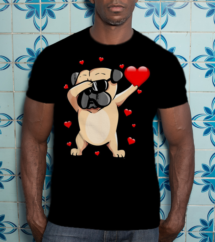 Pug Valentines Day Dabbing Love Dog With Hearts T-Shirt