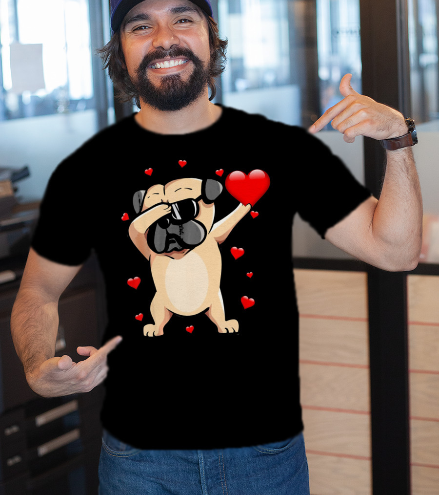 Pug Valentines Day Dabbing Love Dog With Hearts T-Shirt