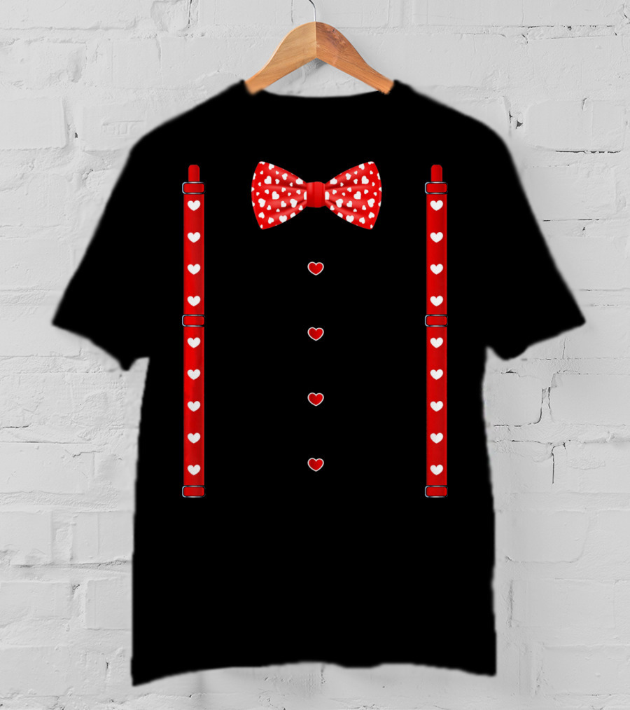 Red Hearts Bow Tie And Suspenders Valentine T-Shirt
