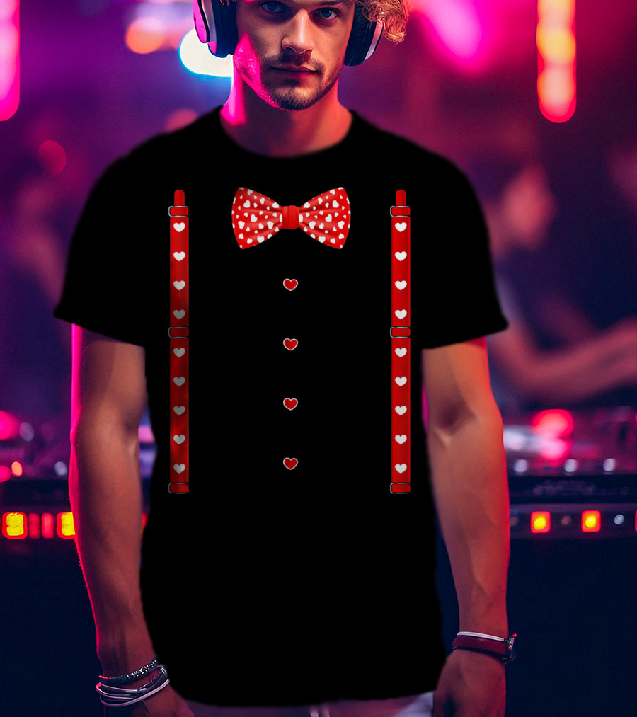 Red Hearts Bow Tie And Suspenders Valentine T-Shirt