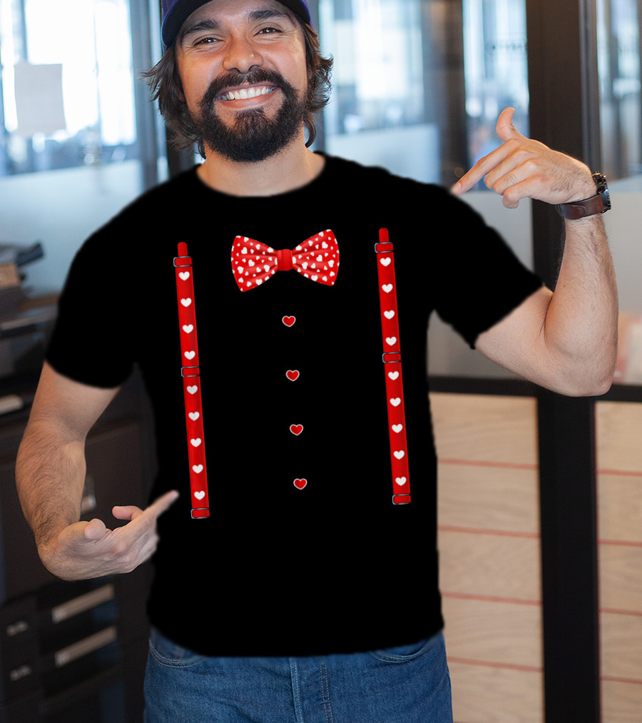 Red Hearts Bow Tie And Suspenders Valentine T-Shirt