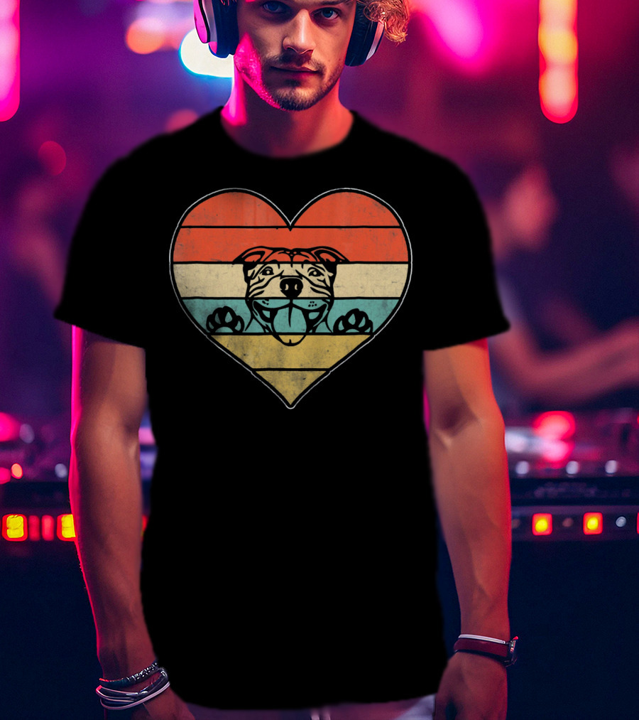 Retro Vintage Pit Bull Heart Valentine Stripes T-Shirt