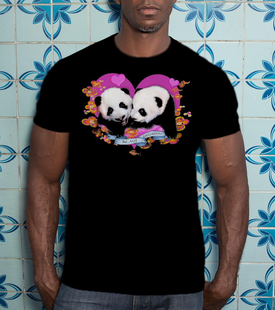 Be My Valentine Robert Campbell Panda Heart Pink Flowers T-Shirt