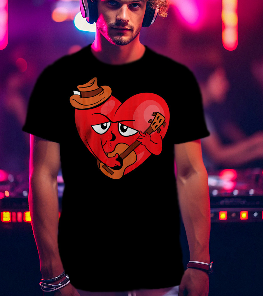 Heart Playing Guitar With Cowboy Hat Valentine's Day T-Shirt
