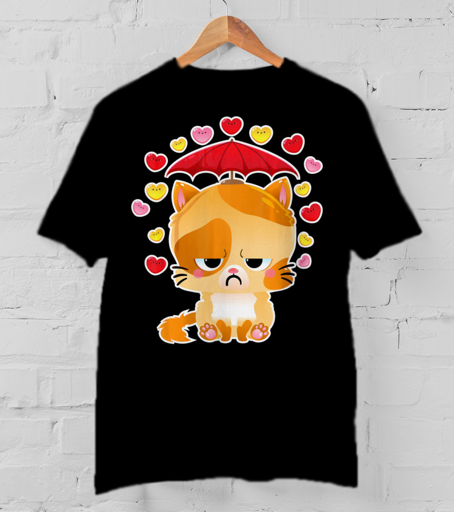 Sad Cat Under Umbrella With Raining Hearts Valentine's Day T-Shirt