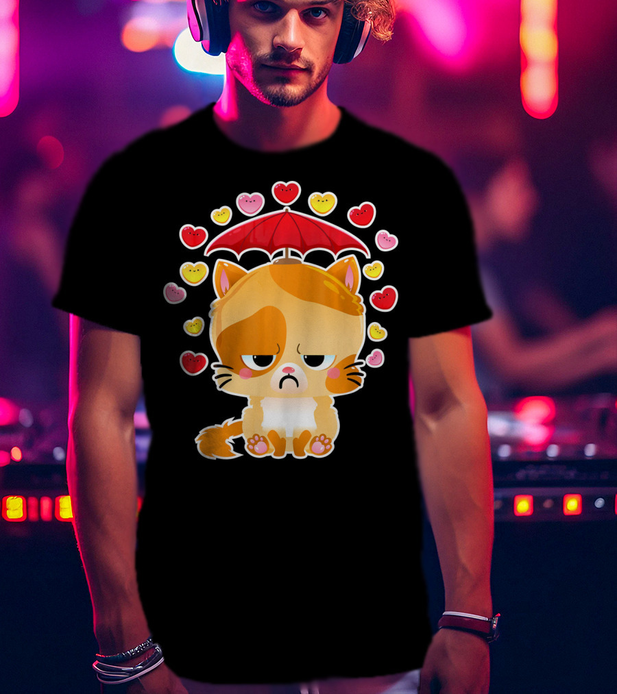 Sad Cat Under Umbrella With Raining Hearts Valentine's Day T-Shirt