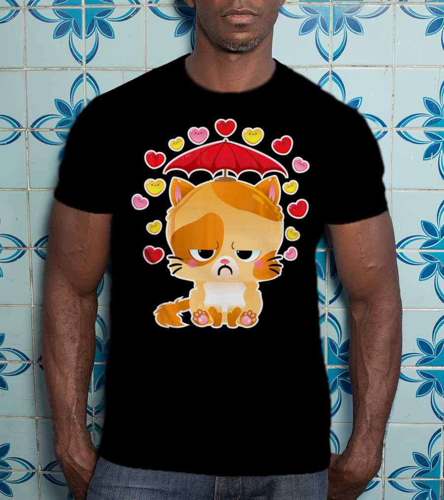 Sad Cat Under Umbrella With Raining Hearts Valentine's Day T-Shirt