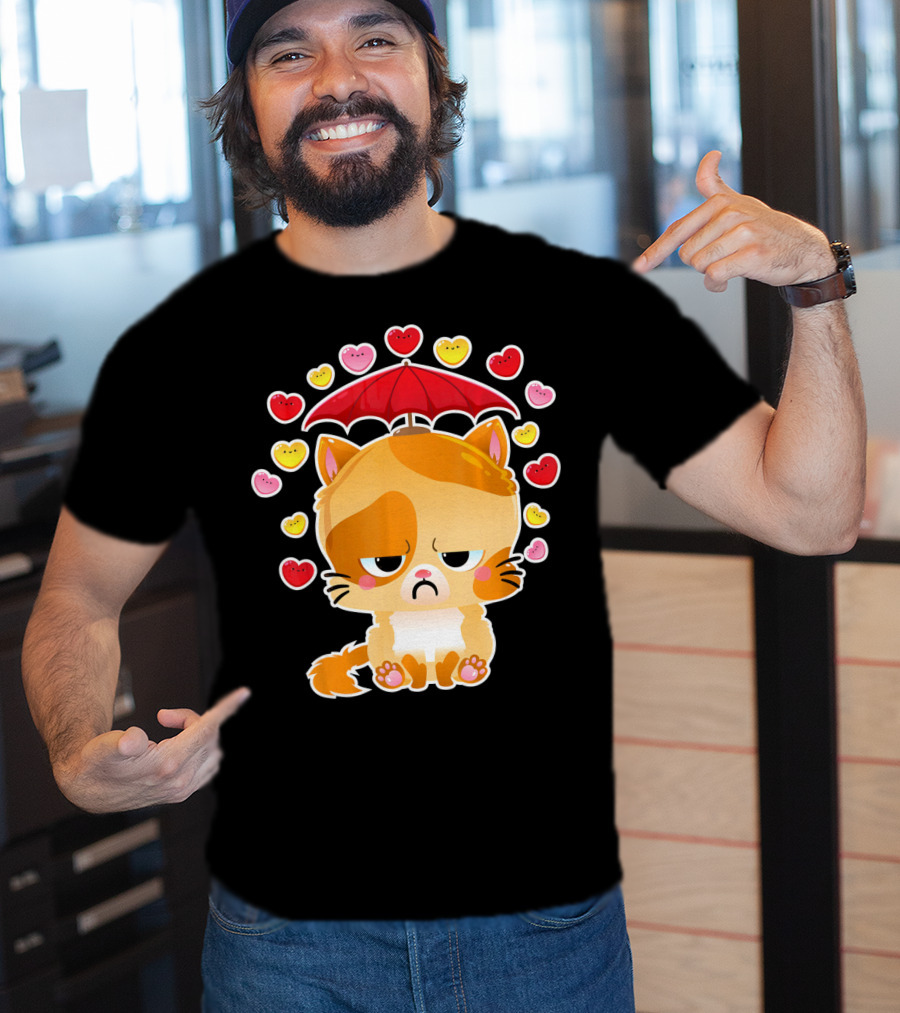 Sad Cat Under Umbrella With Raining Hearts Valentine's Day T-Shirt