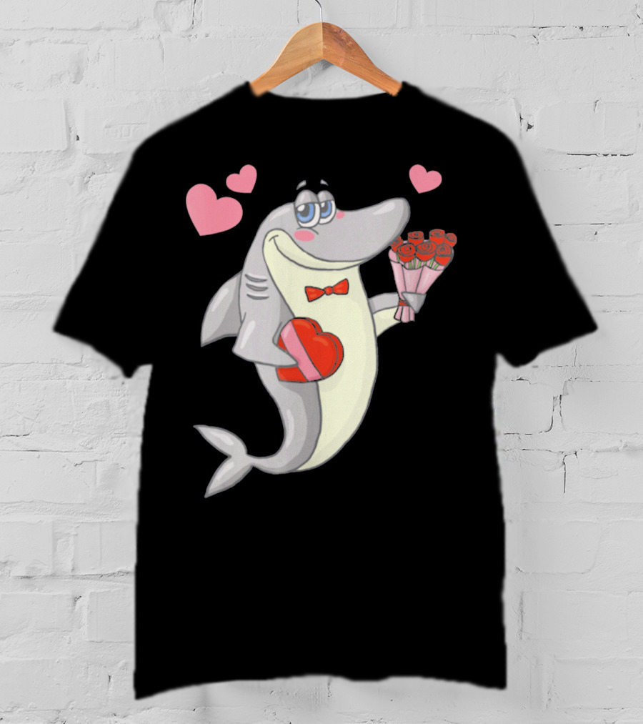 Shark Holding Heart Box And Bouquet With Hearts Valentine T-Shirt