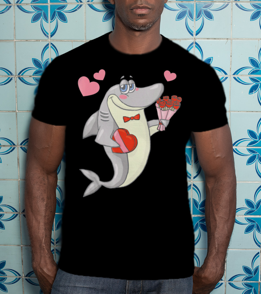Shark Holding Heart Box And Bouquet With Hearts Valentine T-Shirt