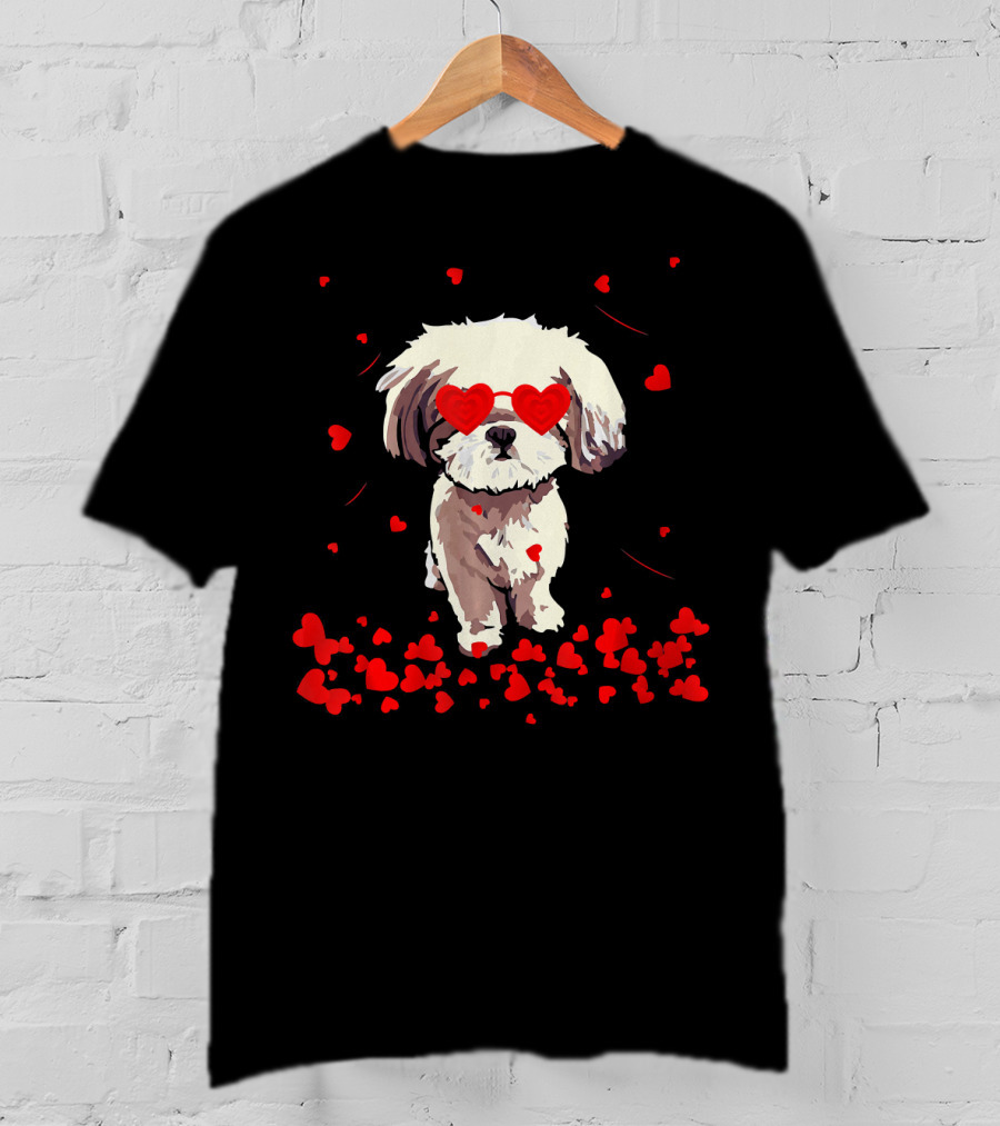 Shih Tzu Heart Valentines Day Dog With Heart Glasses Surrounded By Red Hearts T-Shirt