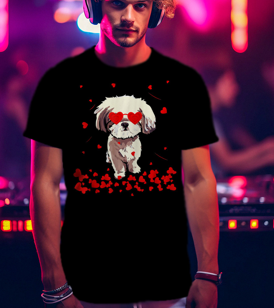 Shih Tzu Heart Valentines Day Dog With Heart Glasses Surrounded By Red Hearts T-Shirt