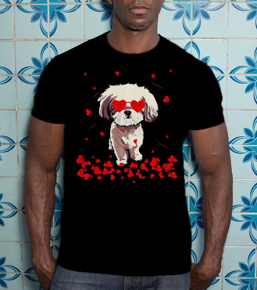 Shih Tzu Heart Valentines Day Dog With Heart Glasses Surrounded By Red Hearts T-Shirt