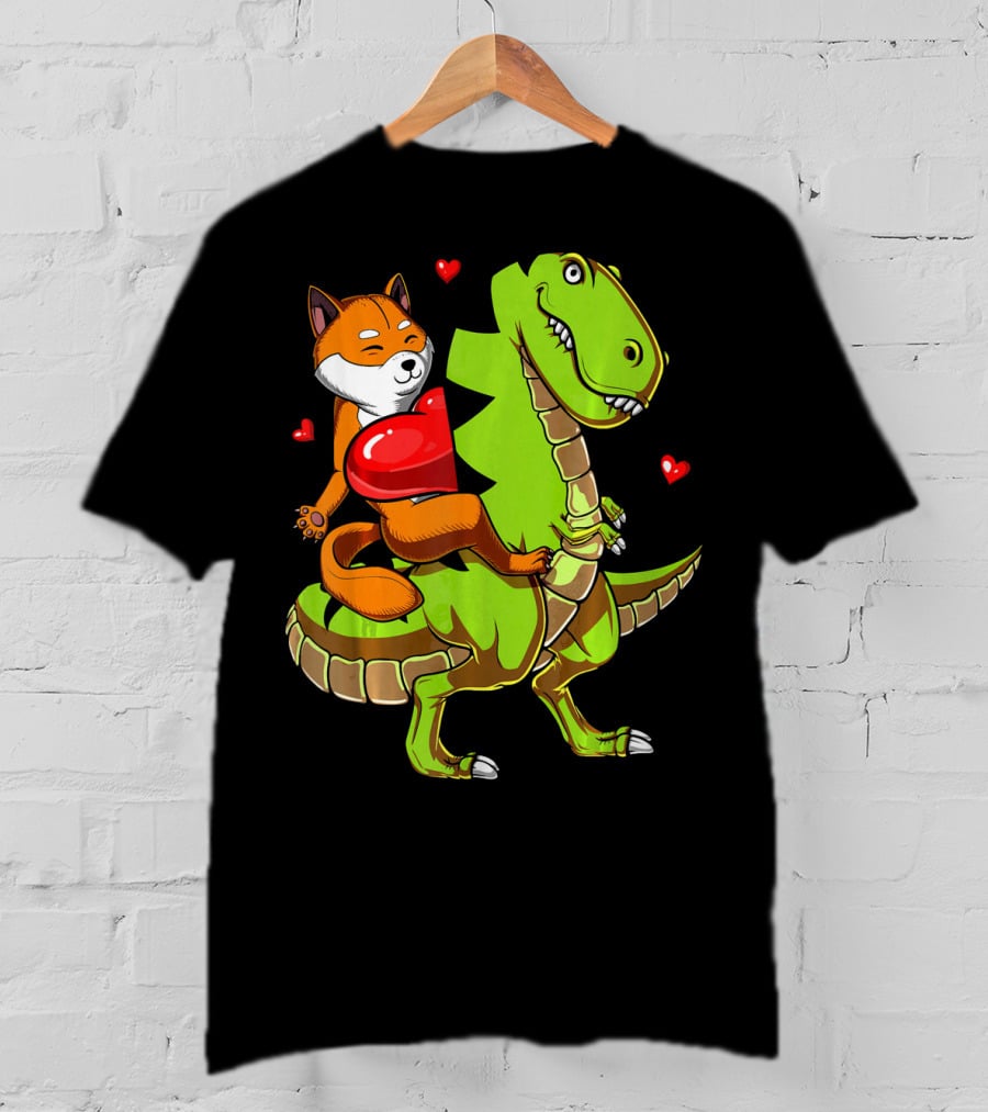 Shiba Inu Riding Green T-Rex Dinosaur With Red Hearts T-Shirt