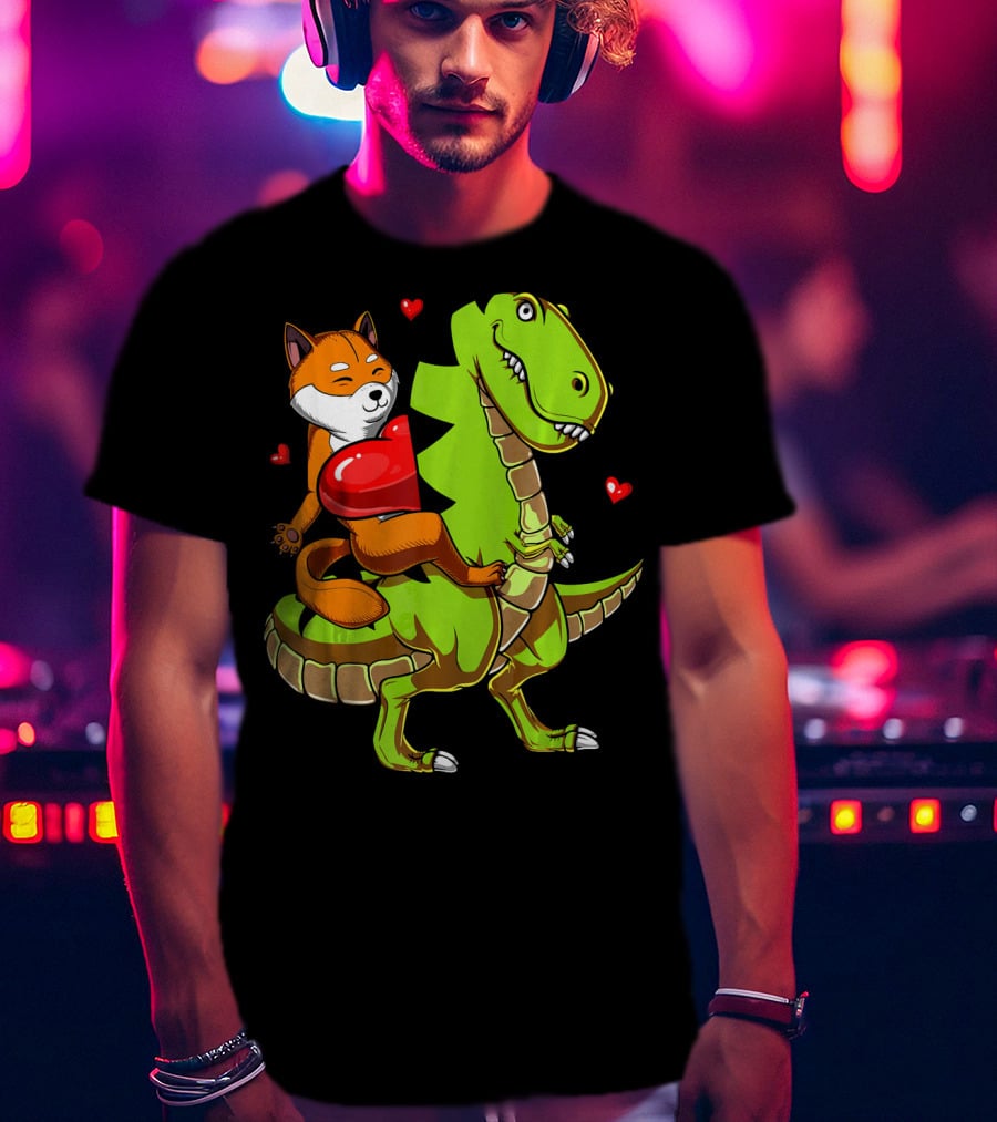 Shiba Inu Riding Green T-Rex Dinosaur With Red Hearts T-Shirt