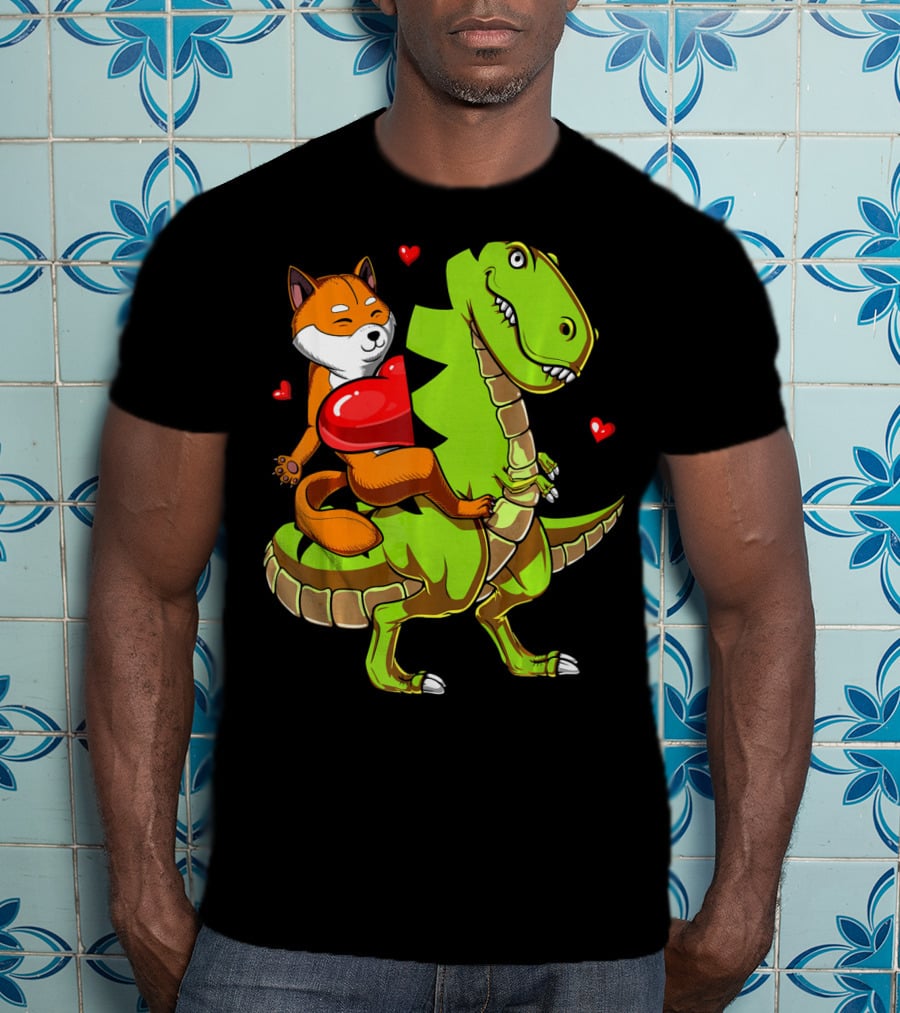 Shiba Inu Riding Green T-Rex Dinosaur With Red Hearts T-Shirt