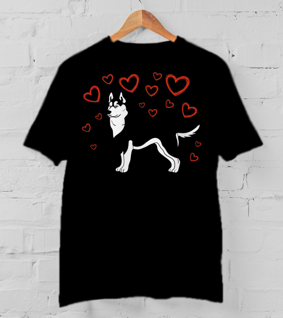 Siberian Husky Surrounded By Hearts Valentine Love LS T-Shirt