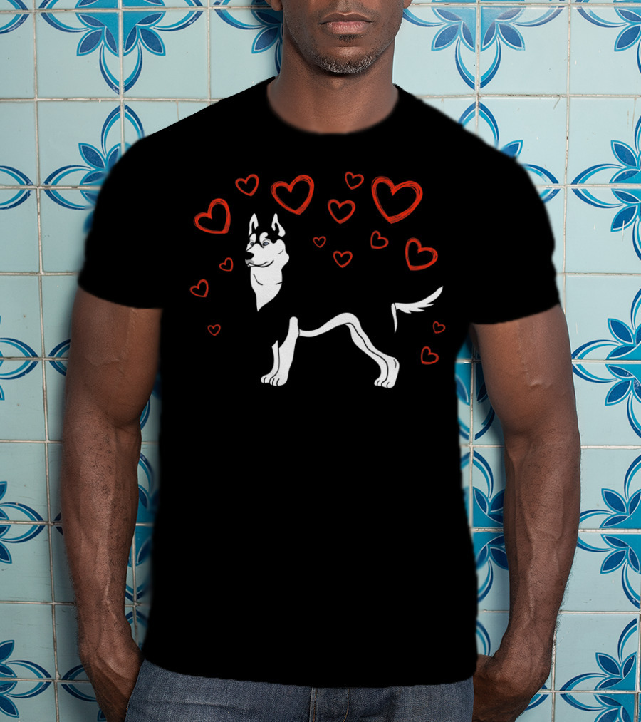 Siberian Husky Surrounded By Hearts Valentine Love LS T-Shirt