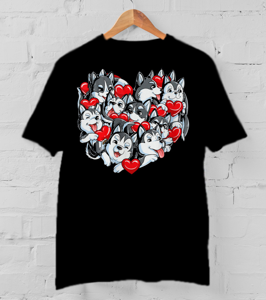 Siberian Husky Heart With Red Valentine Hearts T-Shirt