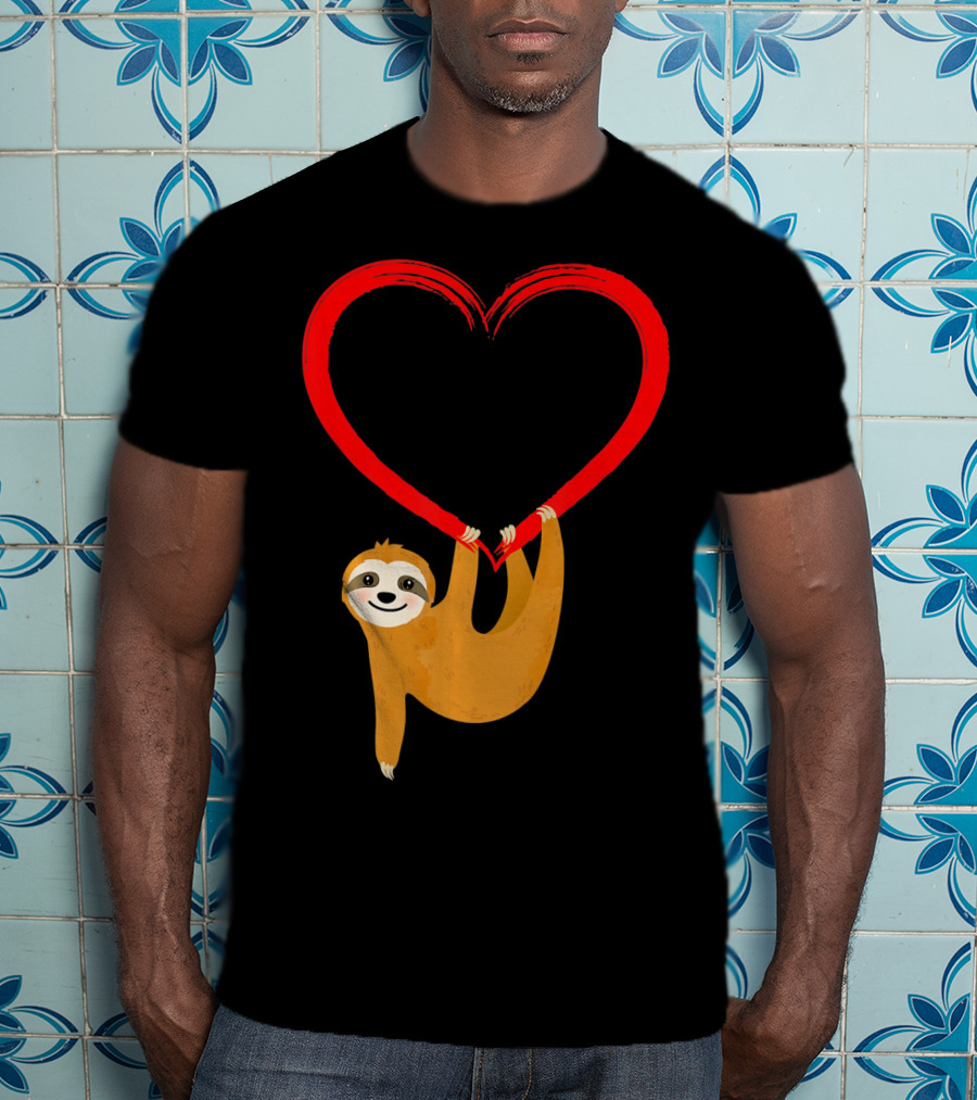 Valentines Day Sloth Hanging On Heart T-Shirt
