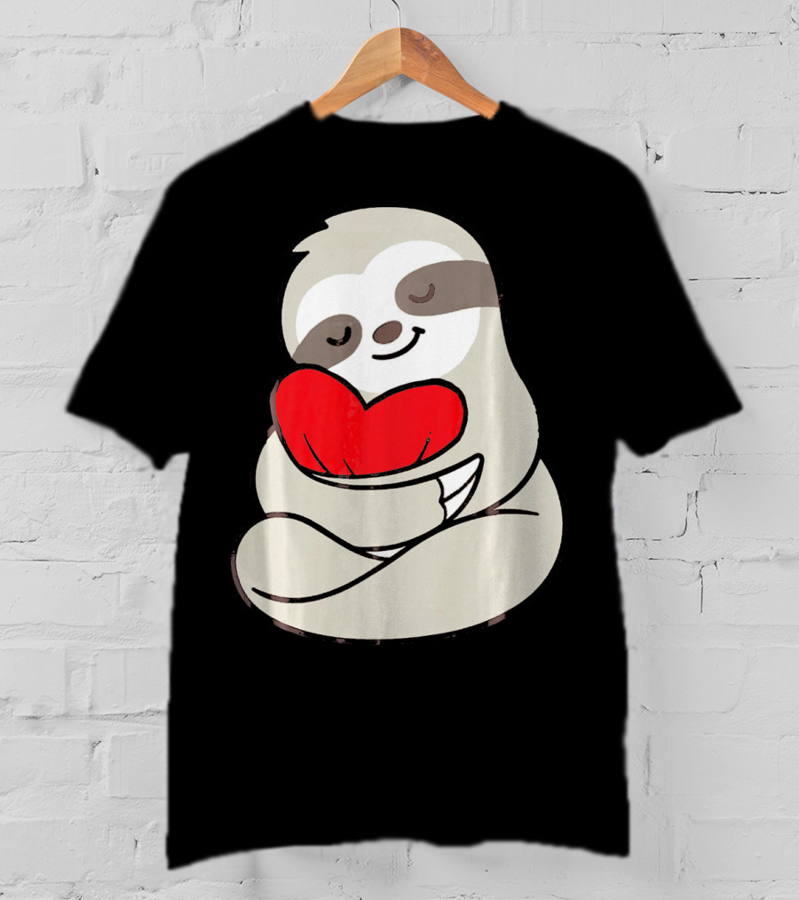 Sloth Hugging Heart Love Valentines T-Shirt