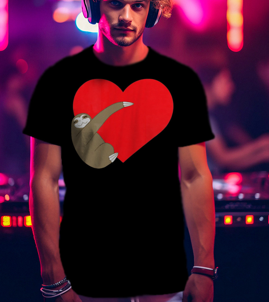 Sloth Hugging Heart Cute Pocket Va T-Shirt