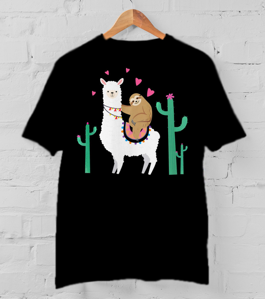 Sloth Riding Llama With Hearts And Cacti T-Shirt