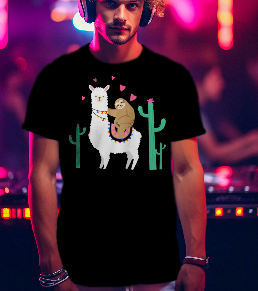 Sloth Riding Llama With Hearts And Cacti T-Shirt