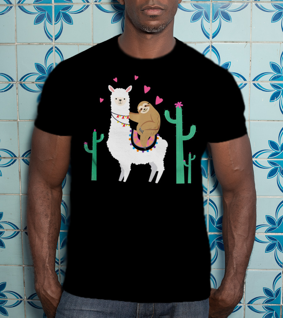 Sloth Riding Llama With Hearts And Cacti T-Shirt