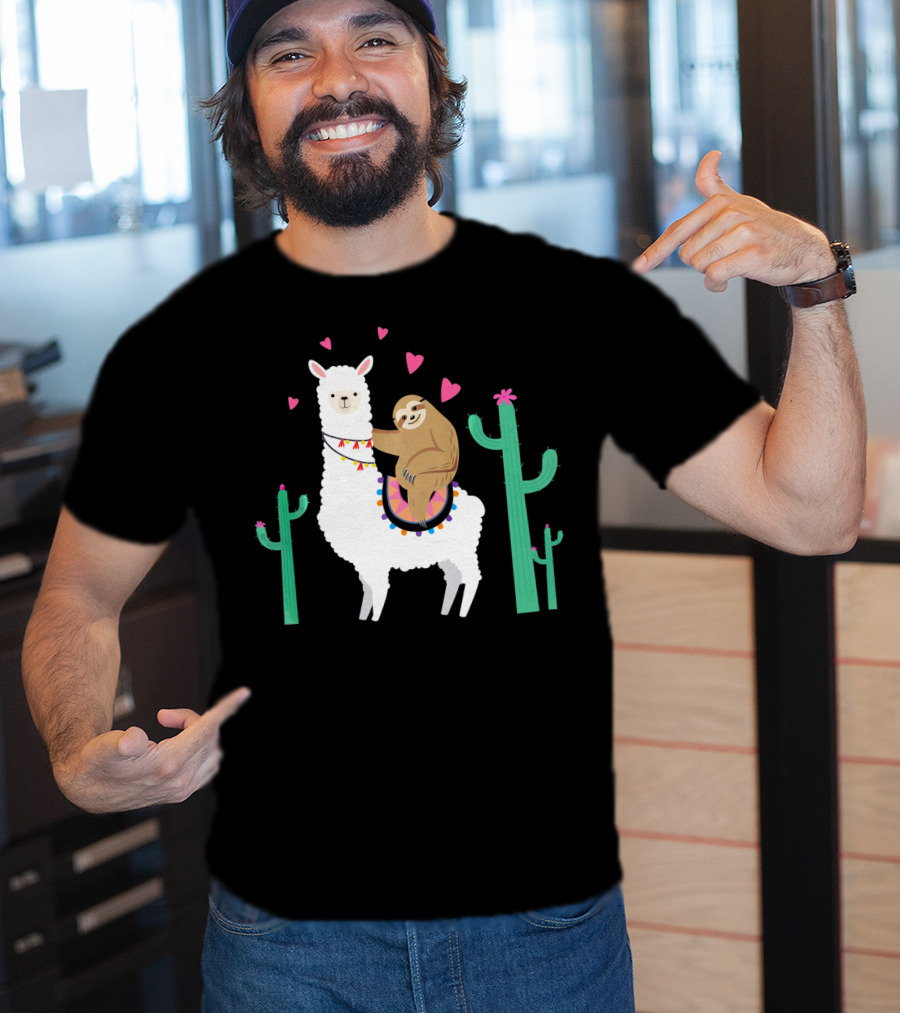 Sloth Riding Llama With Hearts And Cacti T-Shirt