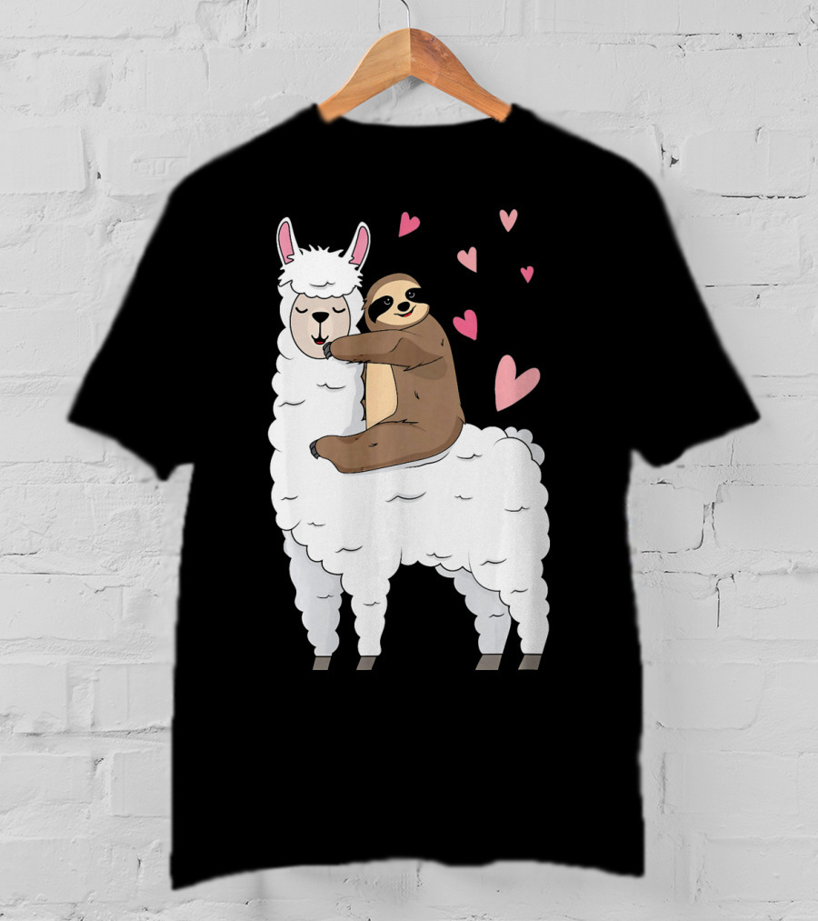 Sloth Riding Llama Cute Hearts Valentines Day T-Shirt