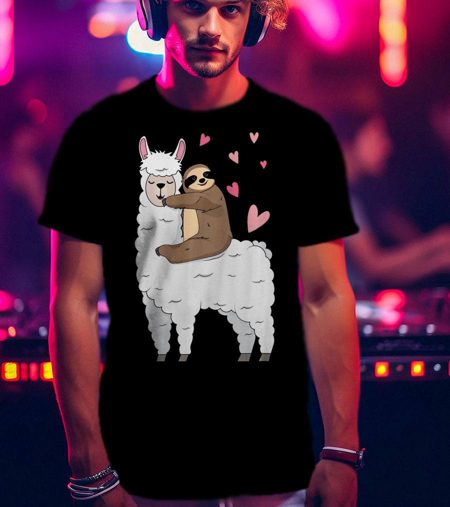 Sloth Riding Llama Cute Hearts Valentines Day T-Shirt
