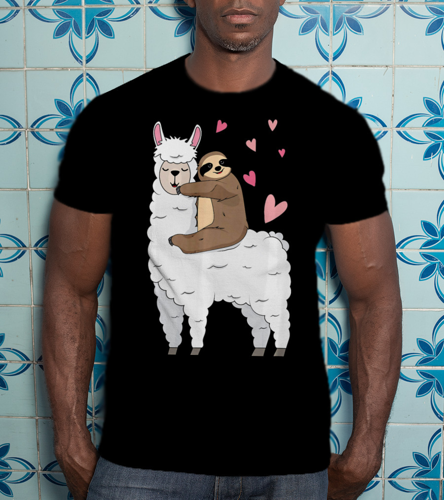 Sloth Riding Llama Cute Hearts Valentines Day T-Shirt