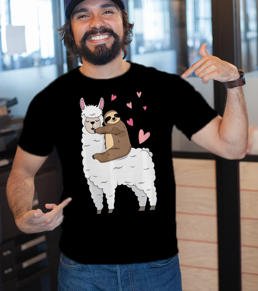Sloth Riding Llama Cute Hearts Valentines Day T-Shirt