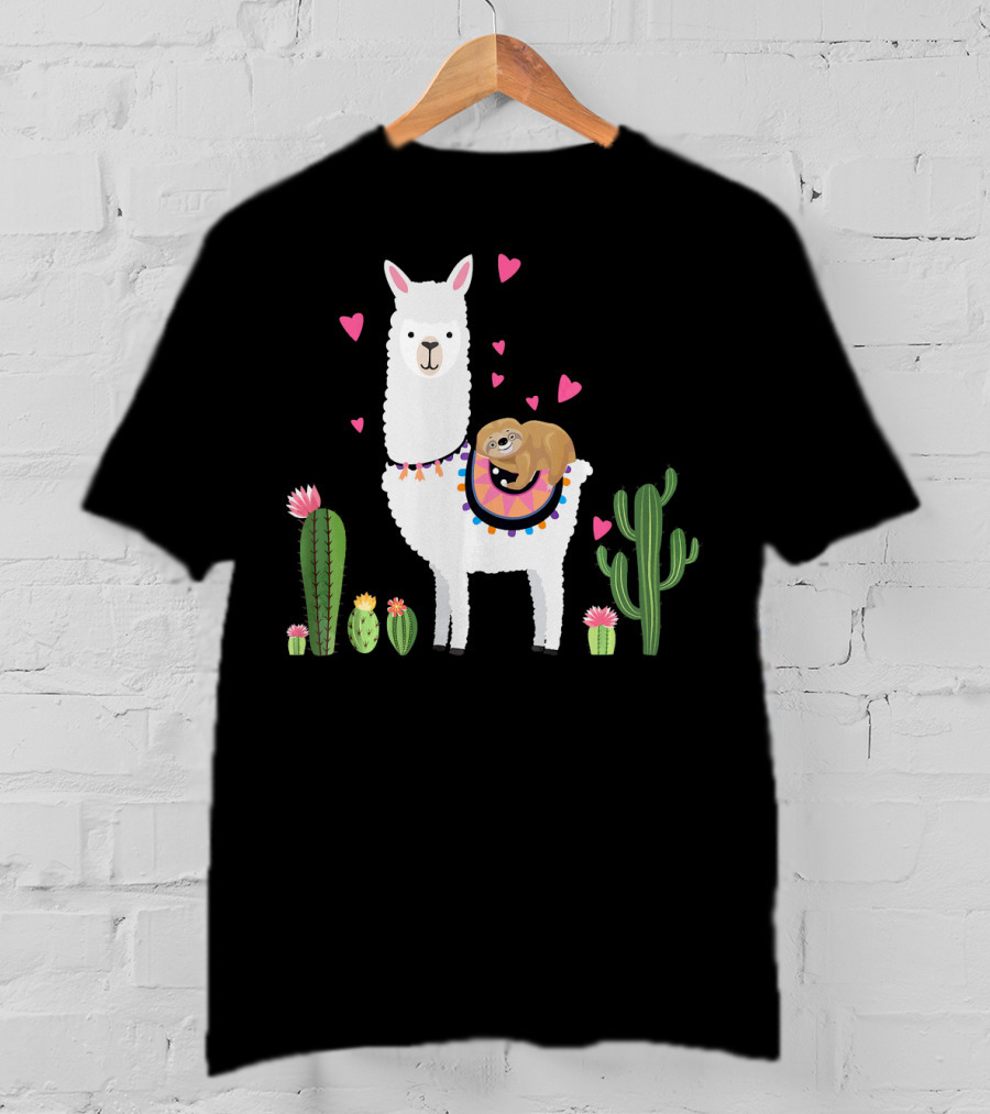 Sloth Riding Llama Heart Cactus Funny Va T-Shirt
