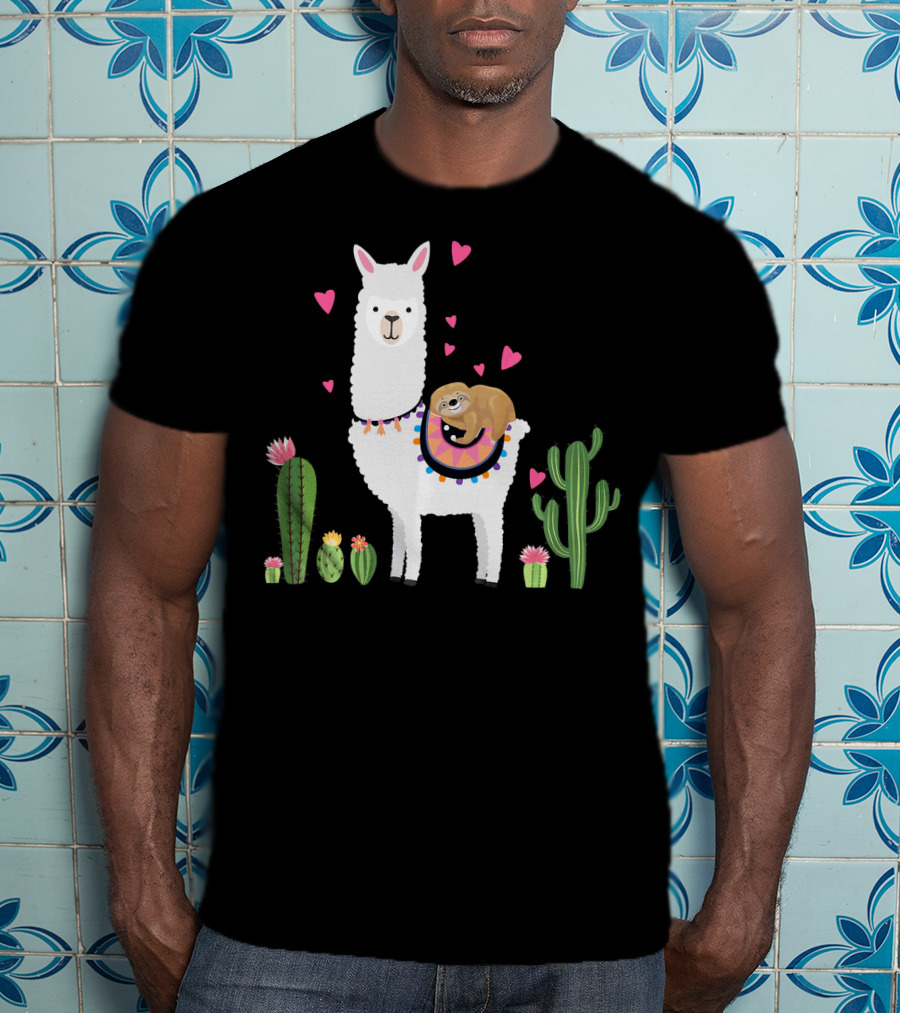 Sloth Riding Llama Heart Cactus Funny Va T-Shirt