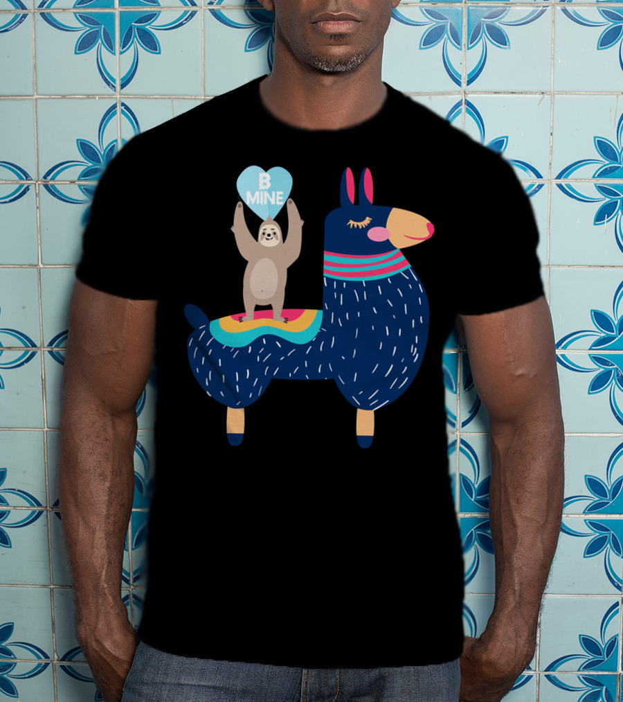 Sloth Holding Heart On Llama Be Mine T-Shirt