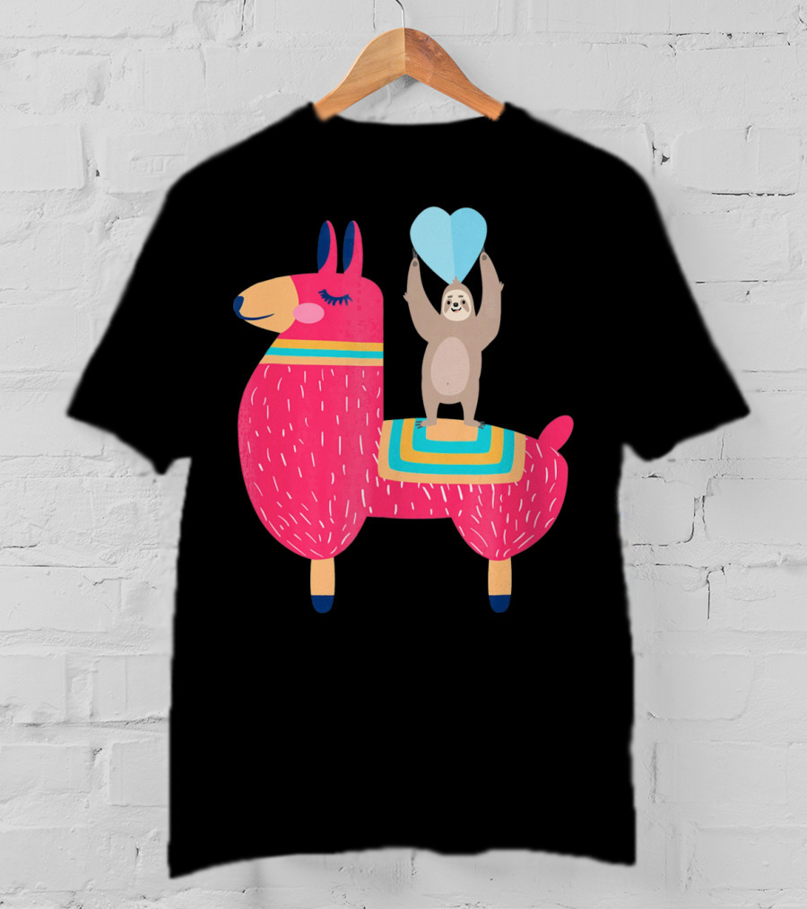 Sloth Riding Llama With Heart Balloon T-Shirt