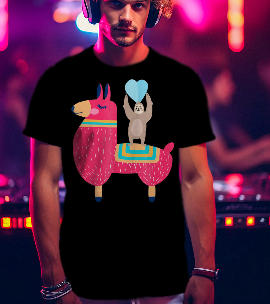 Sloth Riding Llama With Heart Balloon T-Shirt