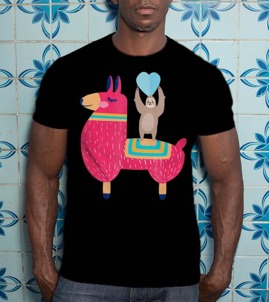 Sloth Riding Llama With Heart Balloon T-Shirt