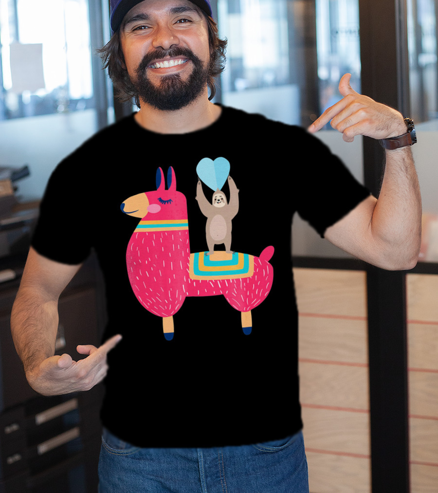 Sloth Riding Llama With Heart Balloon T-Shirt